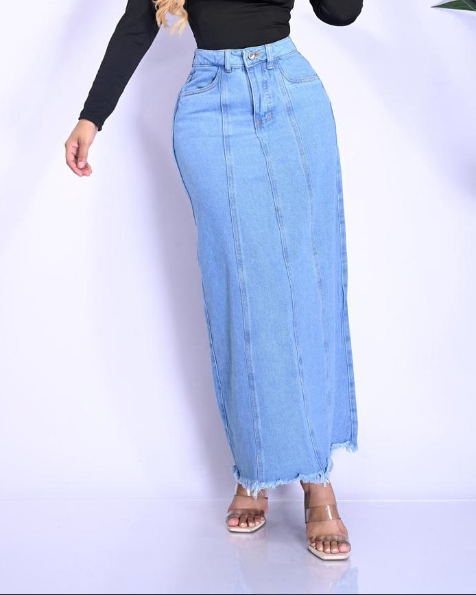 Falda Larga en Jean con Flecos