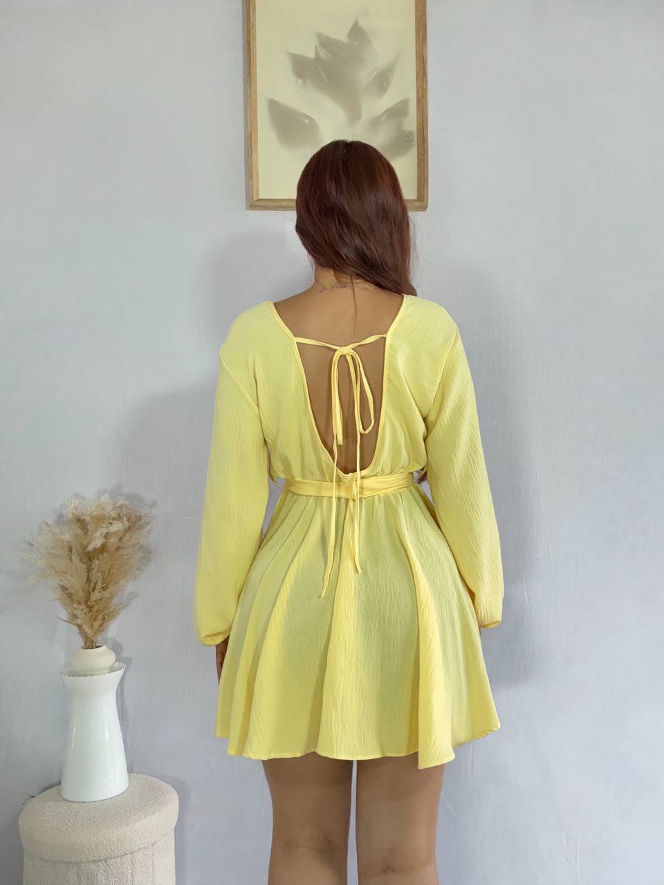 Vestido Corto Mujer Manga Larga Con Lazo Cintura Vuelo