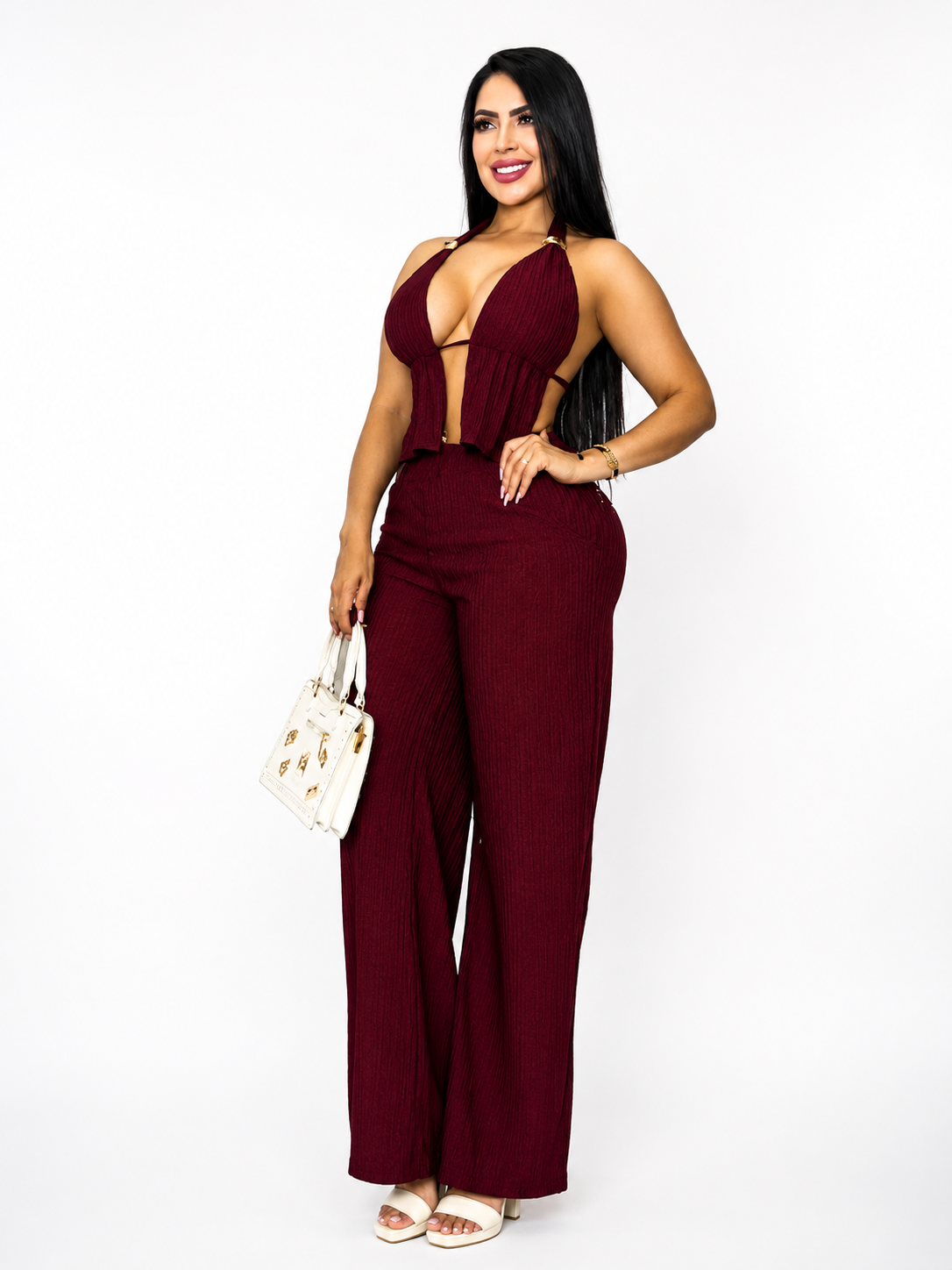 Conjunto 2 Piezas Pantalón Ancho Palazzo + Top Halter Escote Profundo