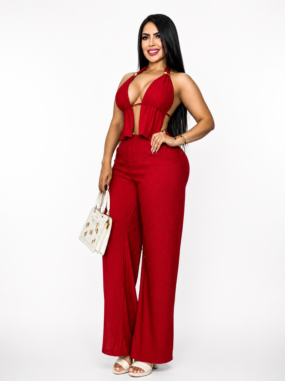 Conjunto 2 Piezas Pantalón Ancho Palazzo + Top Halter Escote Profundo