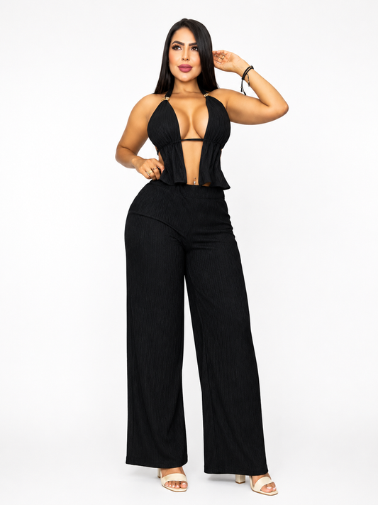 Conjunto 2 Piezas Pantalón Ancho Palazzo + Top Halter Escote Profundo