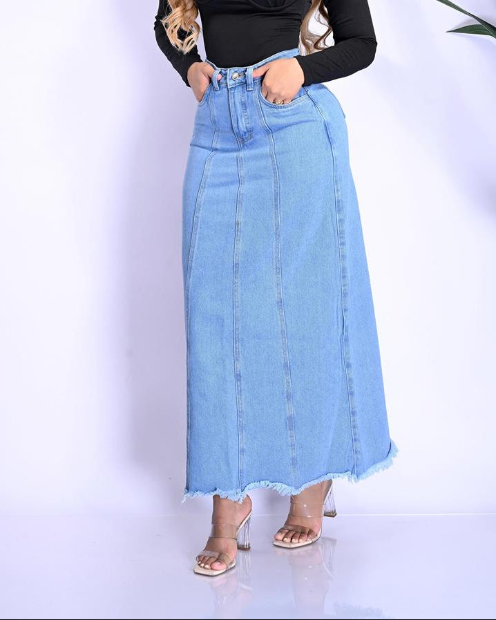 Falda Larga en Jean con Flecos
