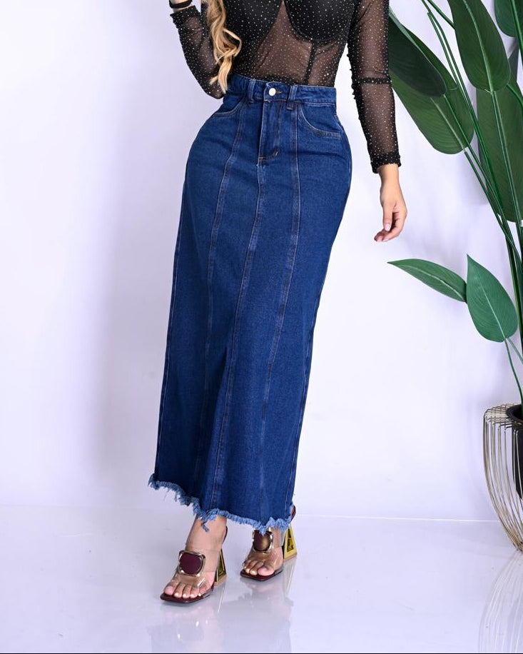 Falda Larga en Jean con Flecos