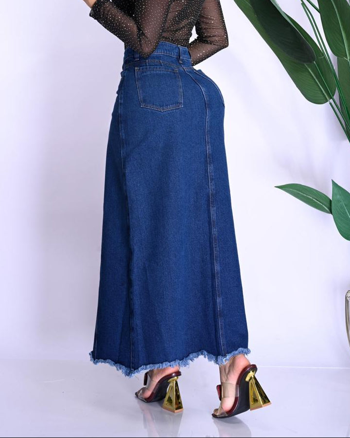 Falda Larga en Jean con Flecos
