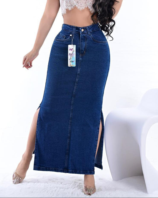Falda Larga Jean Cintura Alta Doble Abertura Lateral