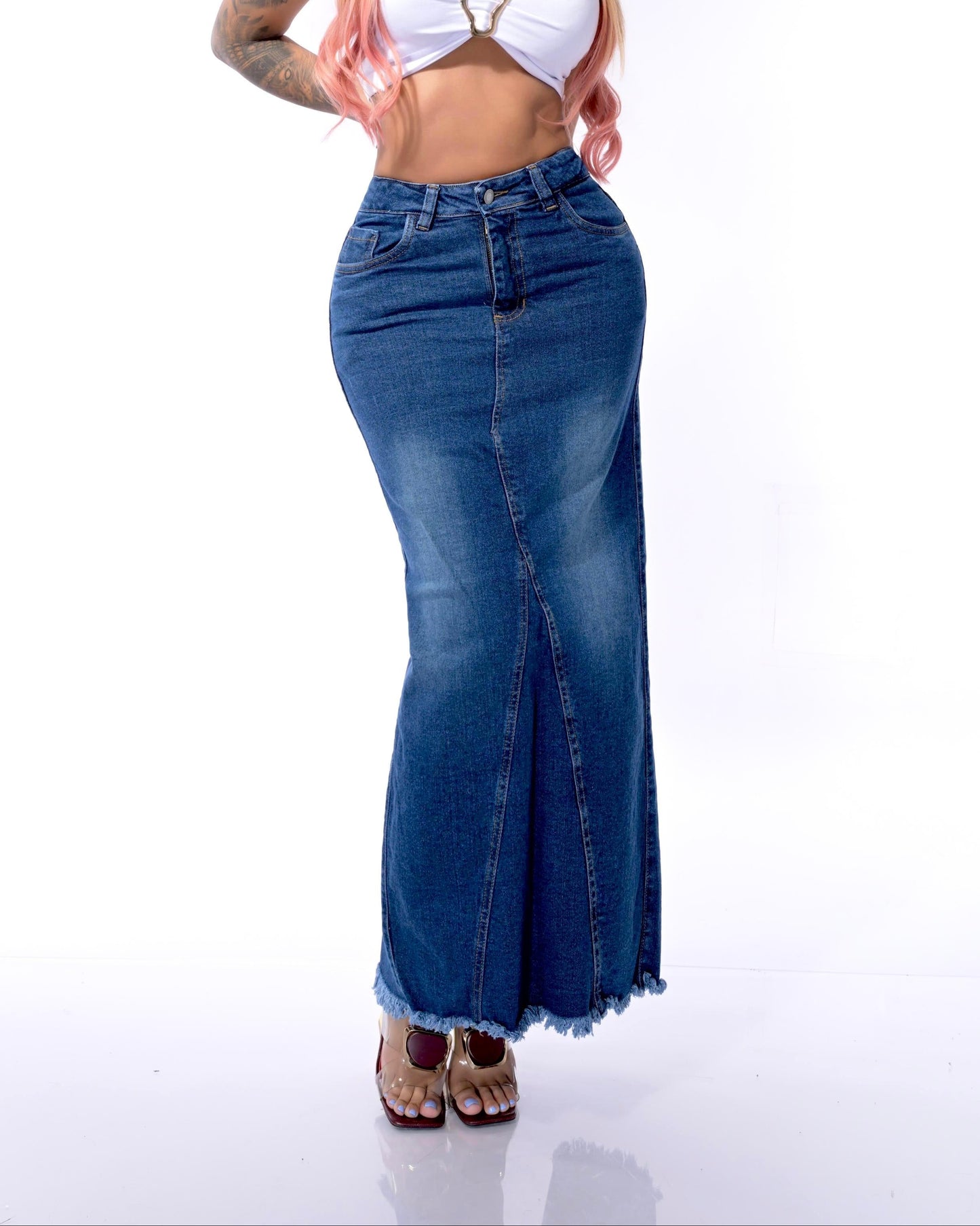 Falda Larga Jean Entubada Cintura Alta Corte Sirena