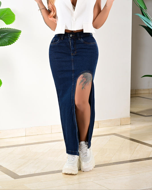 Falda Larga Jean Cintura Alta Asimétrica Con Abertura Frontal