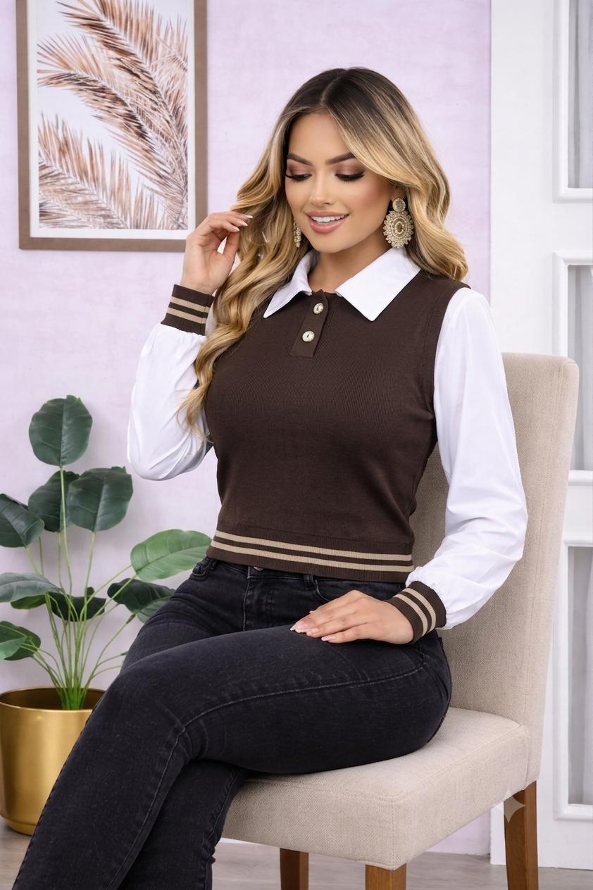 Blusa Dos En Uno Chaleco Tejido Con Camisa Manga Larga