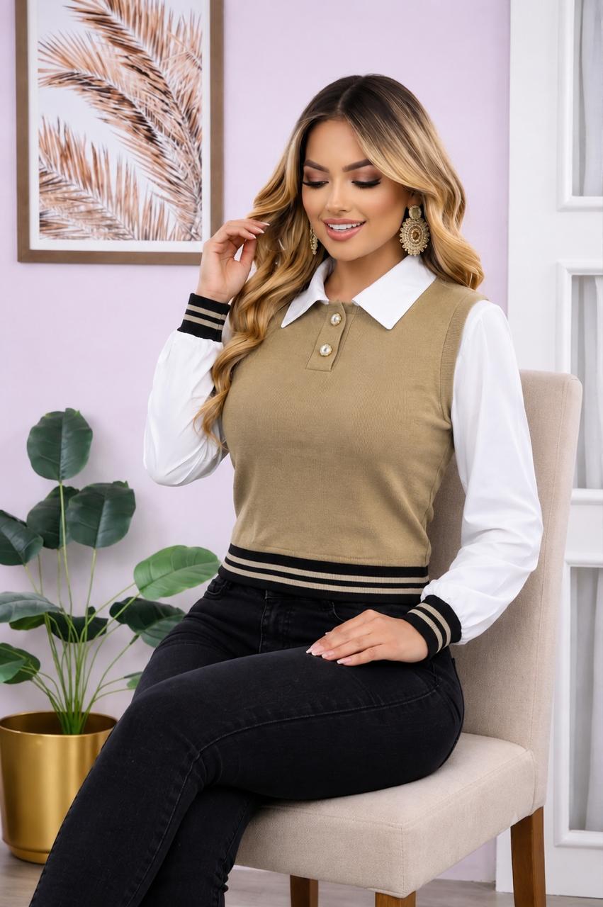 Blusa Dos En Uno Chaleco Tejido Con Camisa Manga Larga