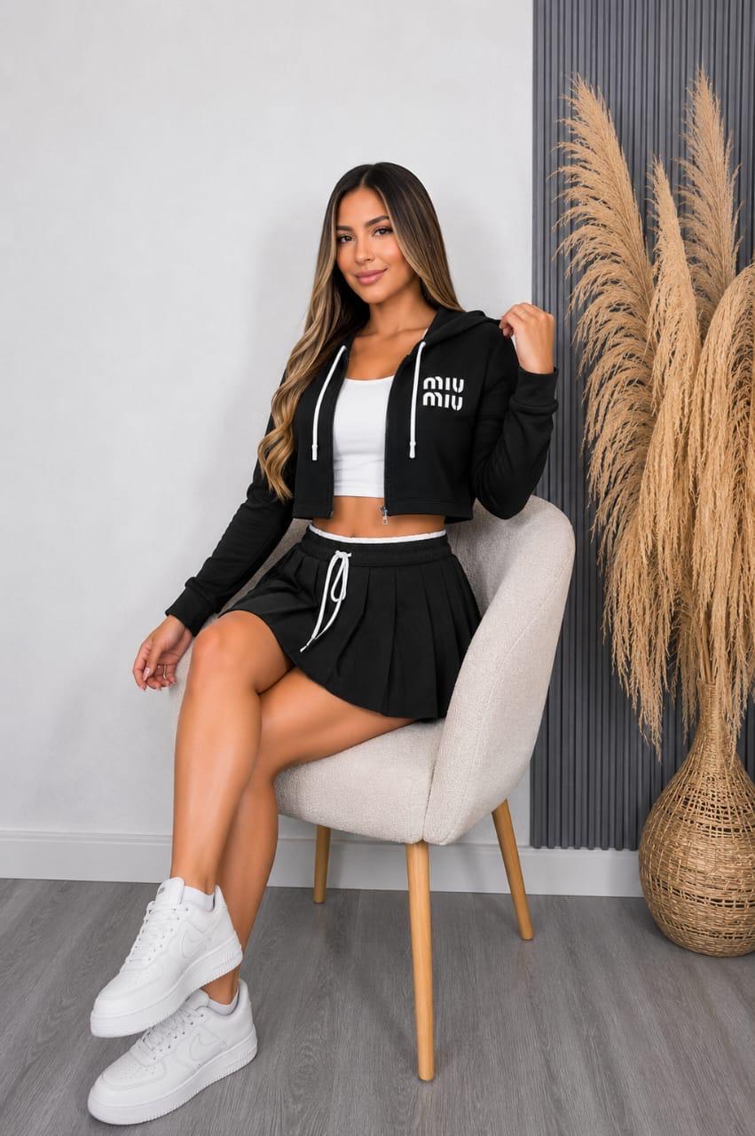 Conjunto 3 Piezas Mujer Falda Plisada Mini + Chaqueta Crop Con Cierre + Top