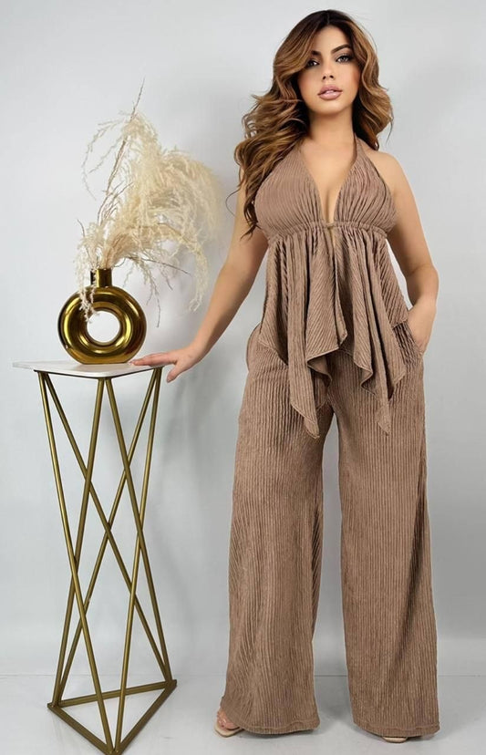 Conjunto 2 Piezas Pantalón Palazzo + Blusa Halter Fruncida Con Volantes