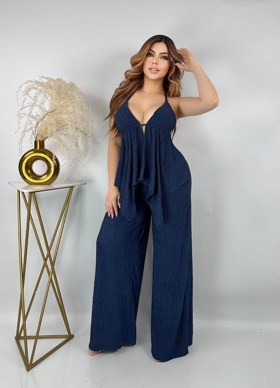 Conjunto 2 Piezas Pantalón Palazzo + Blusa Halter Fruncida Con Volantes