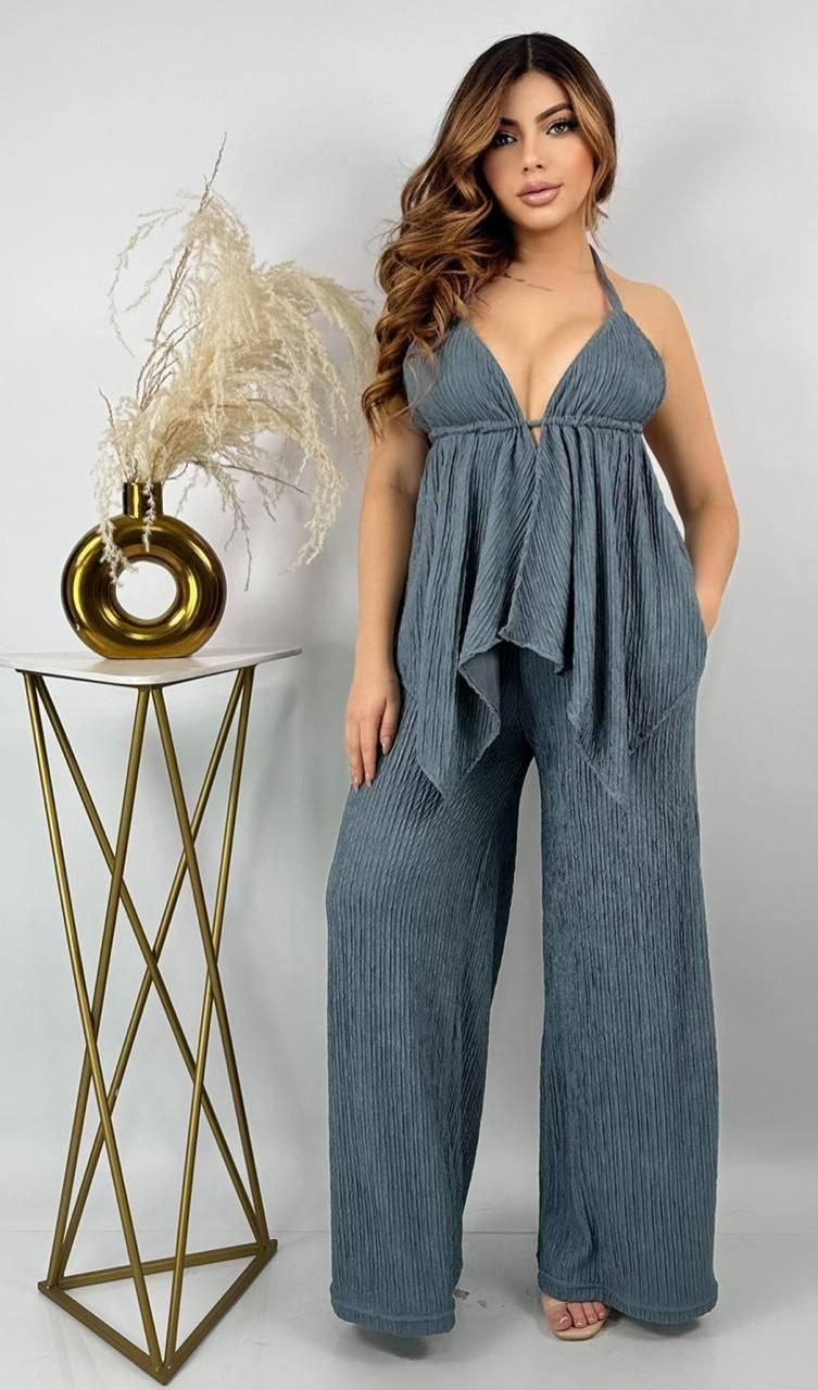 Conjunto 2 Piezas Pantalón Palazzo + Blusa Halter Fruncida Con Volantes