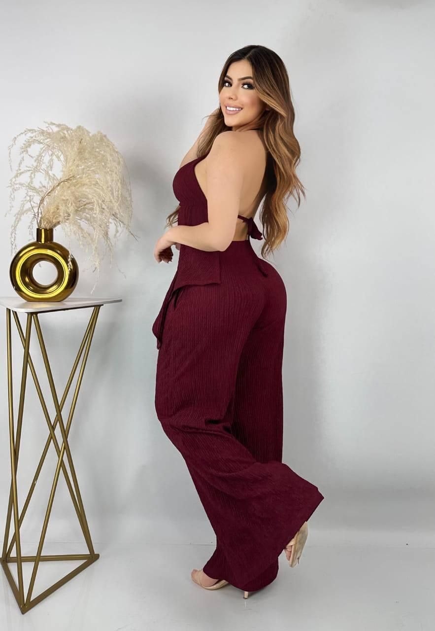 Conjunto 2 Piezas Pantalón Palazzo + Blusa Halter Fruncida Con Volantes