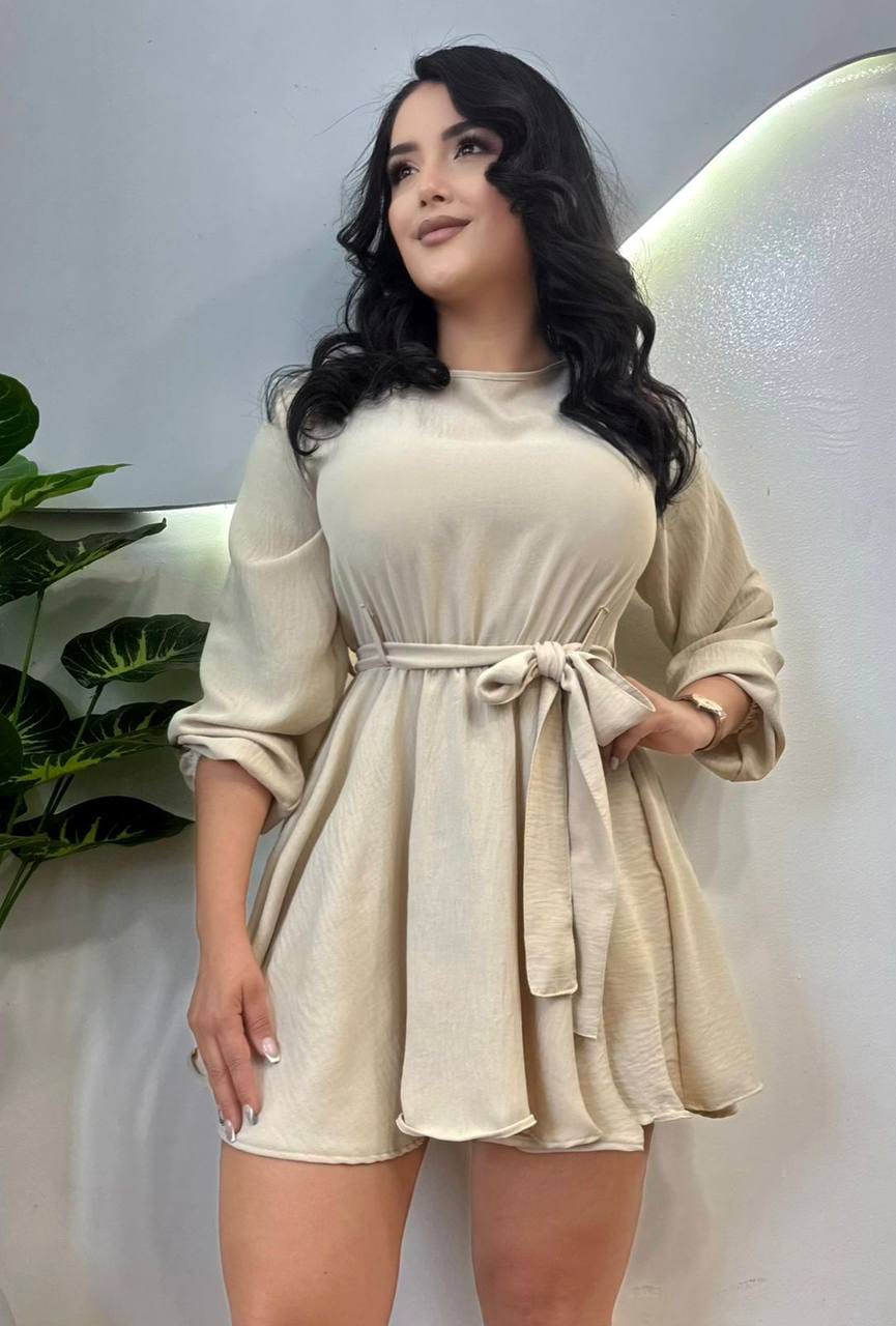Vestido Corto Mujer Manga Larga Con Lazo Cintura Vuelo