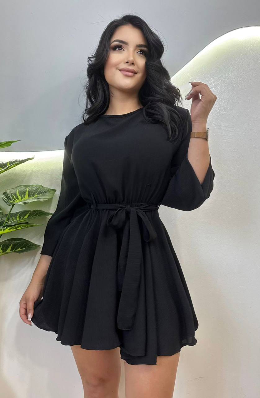 Vestido Corto Mujer Manga Larga Con Lazo Cintura Vuelo