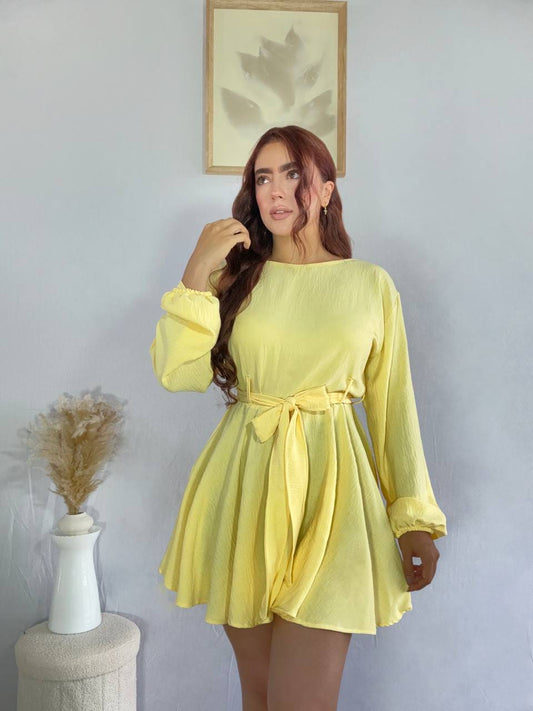 Vestido Corto Mujer Manga Larga Con Lazo Cintura Vuelo