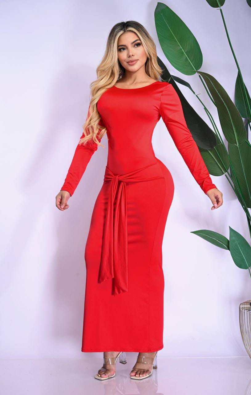 Vestido Largo Manga Larga Ajustado Con Nudo Lateral