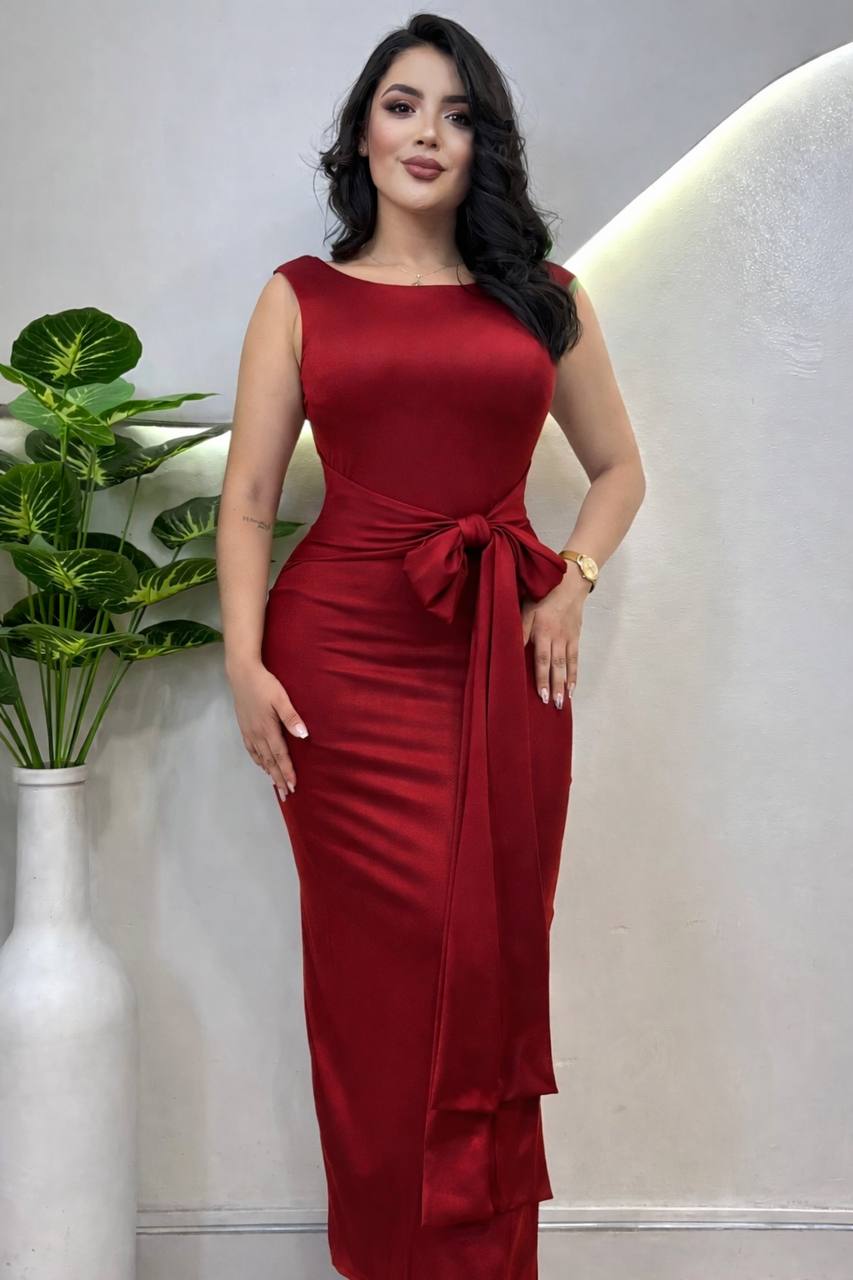 Vestido Largo Sin Mangas Espalda Descubierta Fruncido Con Nudo Lateral