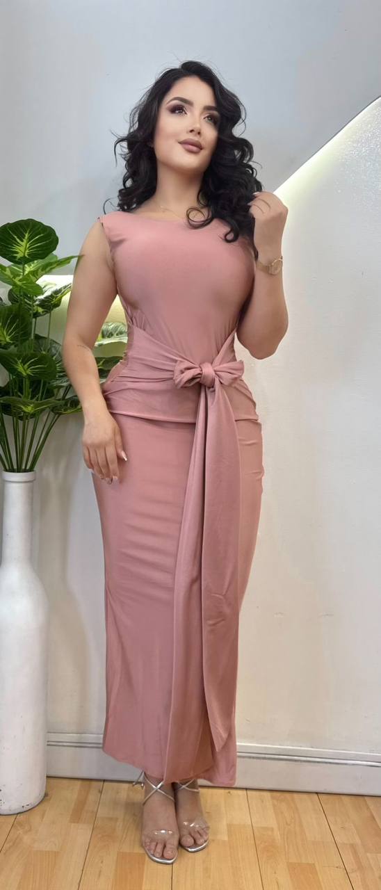 Vestido Largo Sin Mangas Espalda Descubierta Fruncido Con Nudo Lateral
