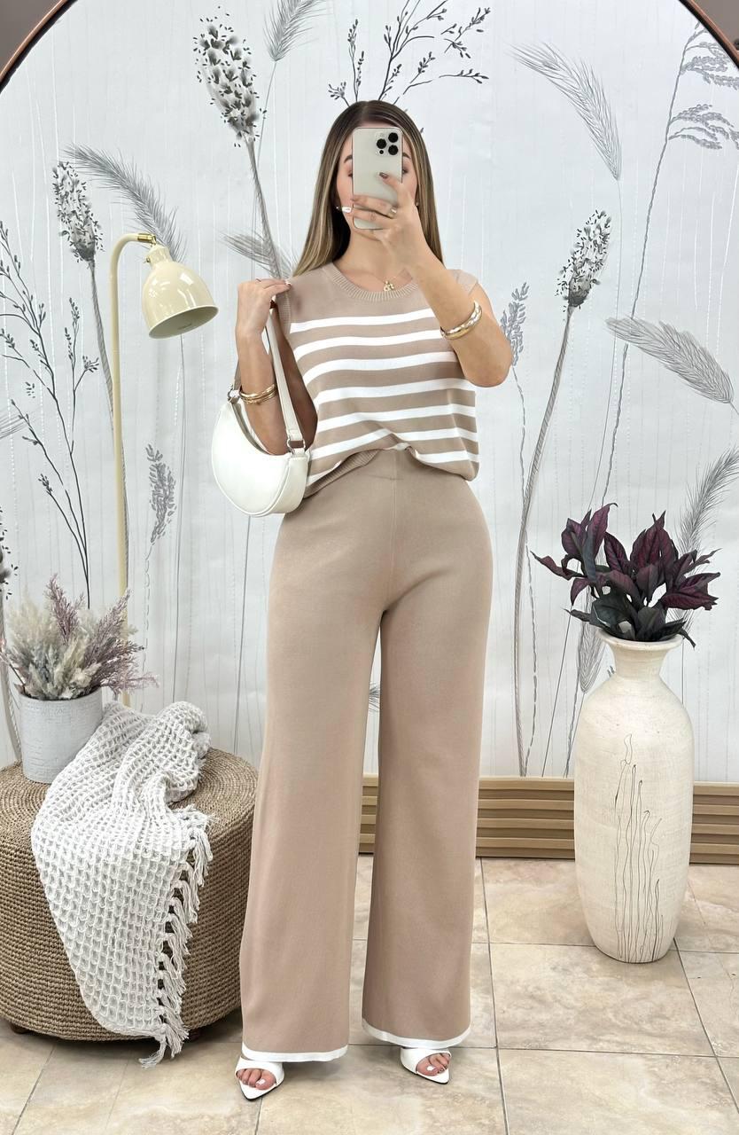 Conjunto 2 Piezas Pantalón Palazzo Tiro Alto + Top Tejido Rayas Sin Mangas