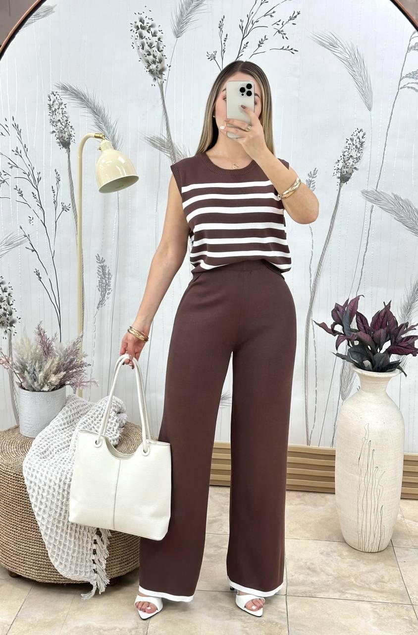 Conjunto 2 Piezas Pantalón Palazzo Tiro Alto + Top Tejido Rayas Sin Mangas