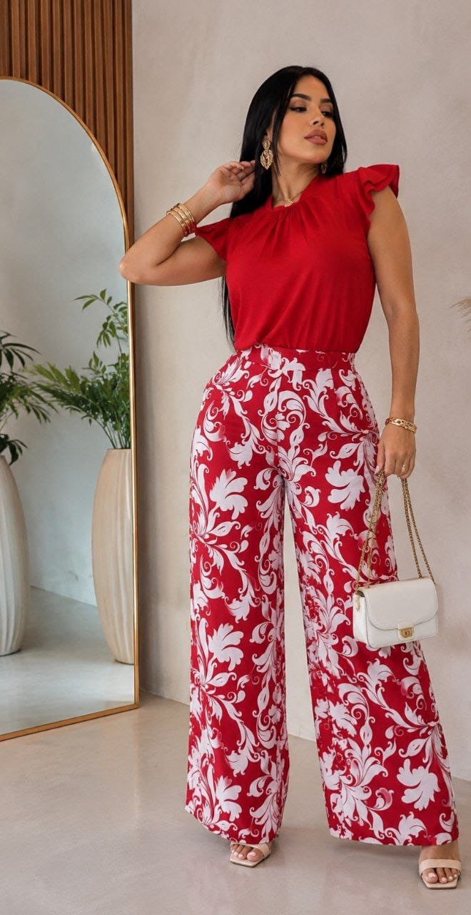 Conjunto 2 Piezas Pantalón Palazzo Estampado Barroco + Blusa Con Volantes