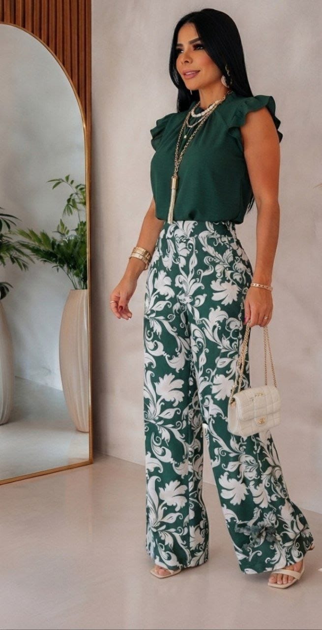 Conjunto 2 Piezas Pantalón Palazzo Estampado Barroco + Blusa Con Volantes