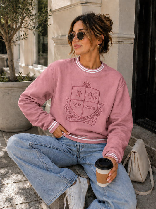 Buso Mujer Cuello Redondo Escudo Bordado Estilo Universitario