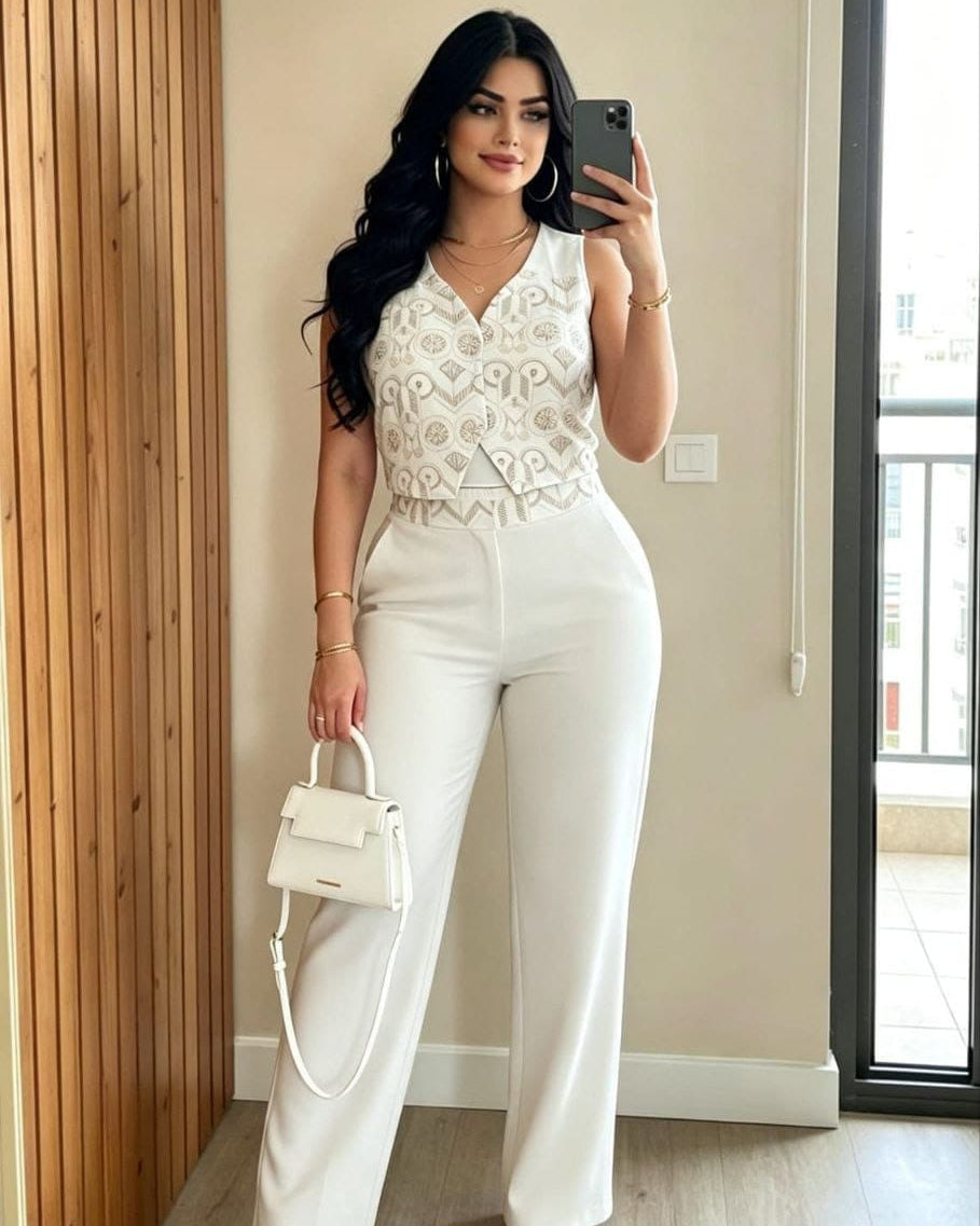 Conjunto Chaleco Bordado y Pantalón Wide Leg