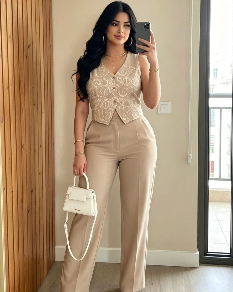 Conjunto Chaleco Bordado y Pantalón Wide Leg