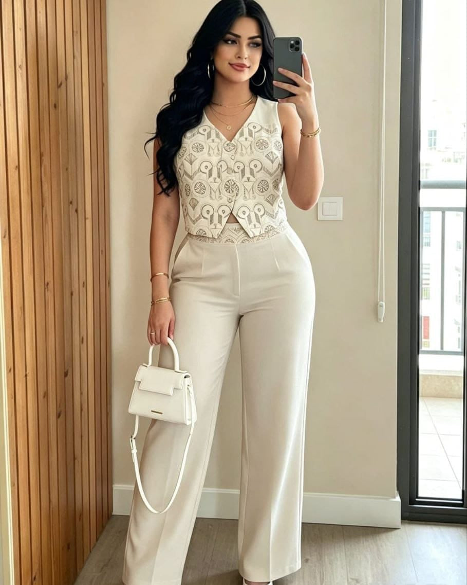 Conjunto Chaleco Bordado y Pantalón Wide Leg