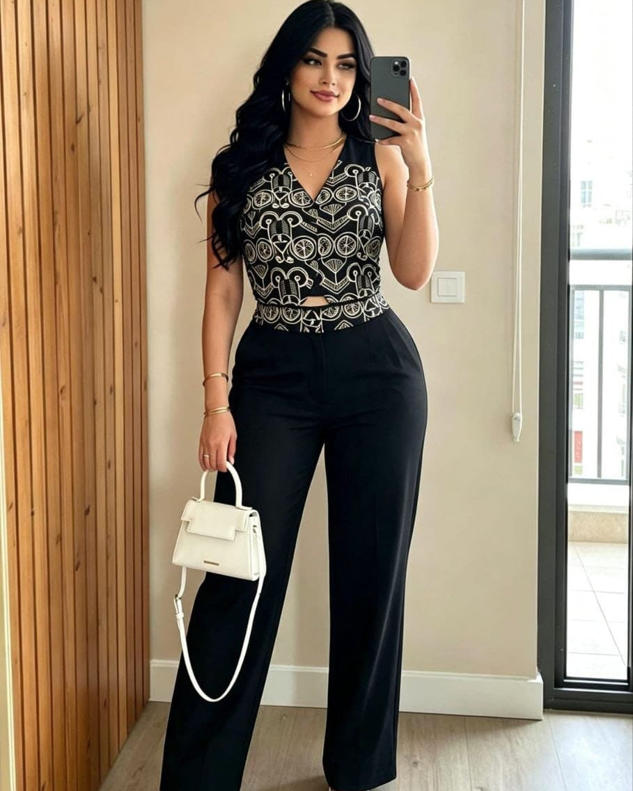 Conjunto Chaleco Bordado y Pantalón Wide Leg