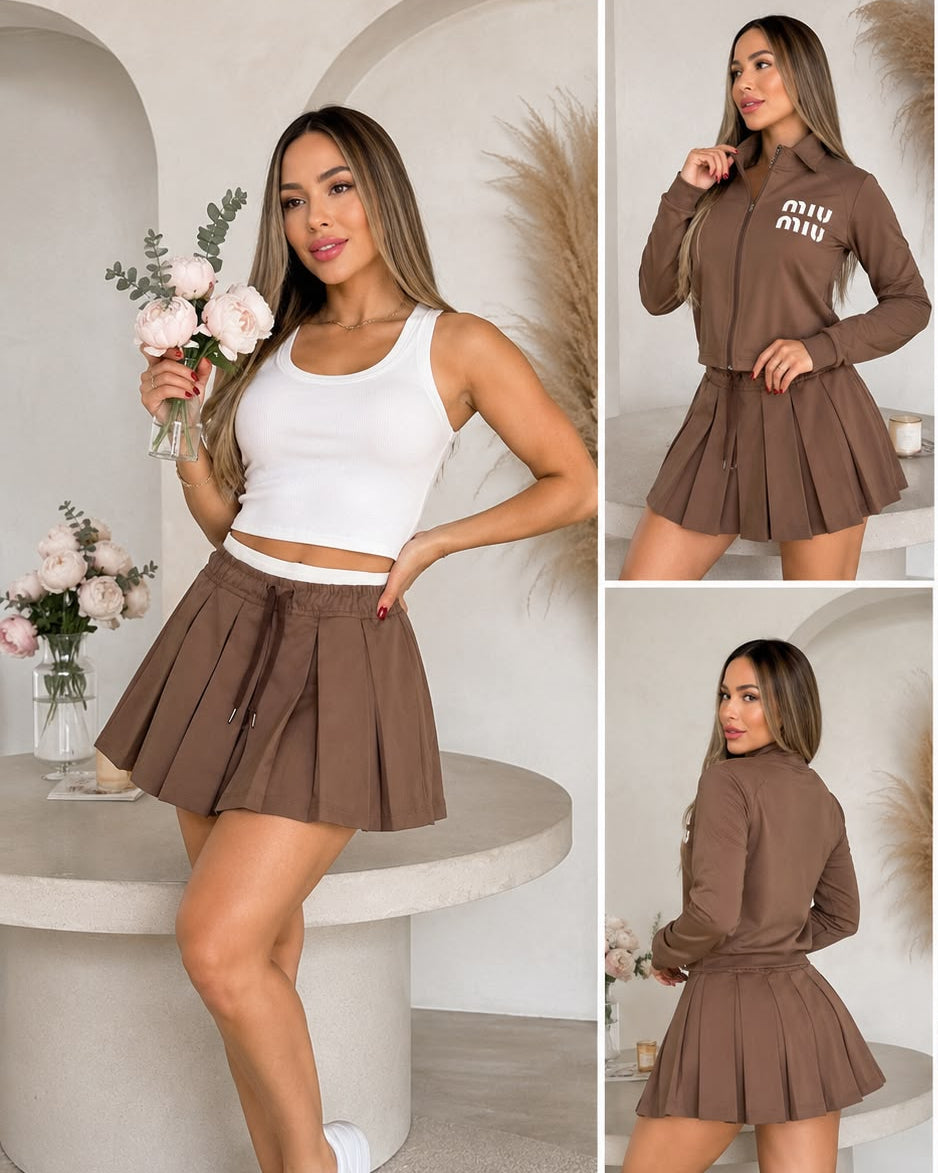 Conjunto 3 Piezas Mujer Falda Plisada Mini + Chaqueta Crop Con Cierre + Top