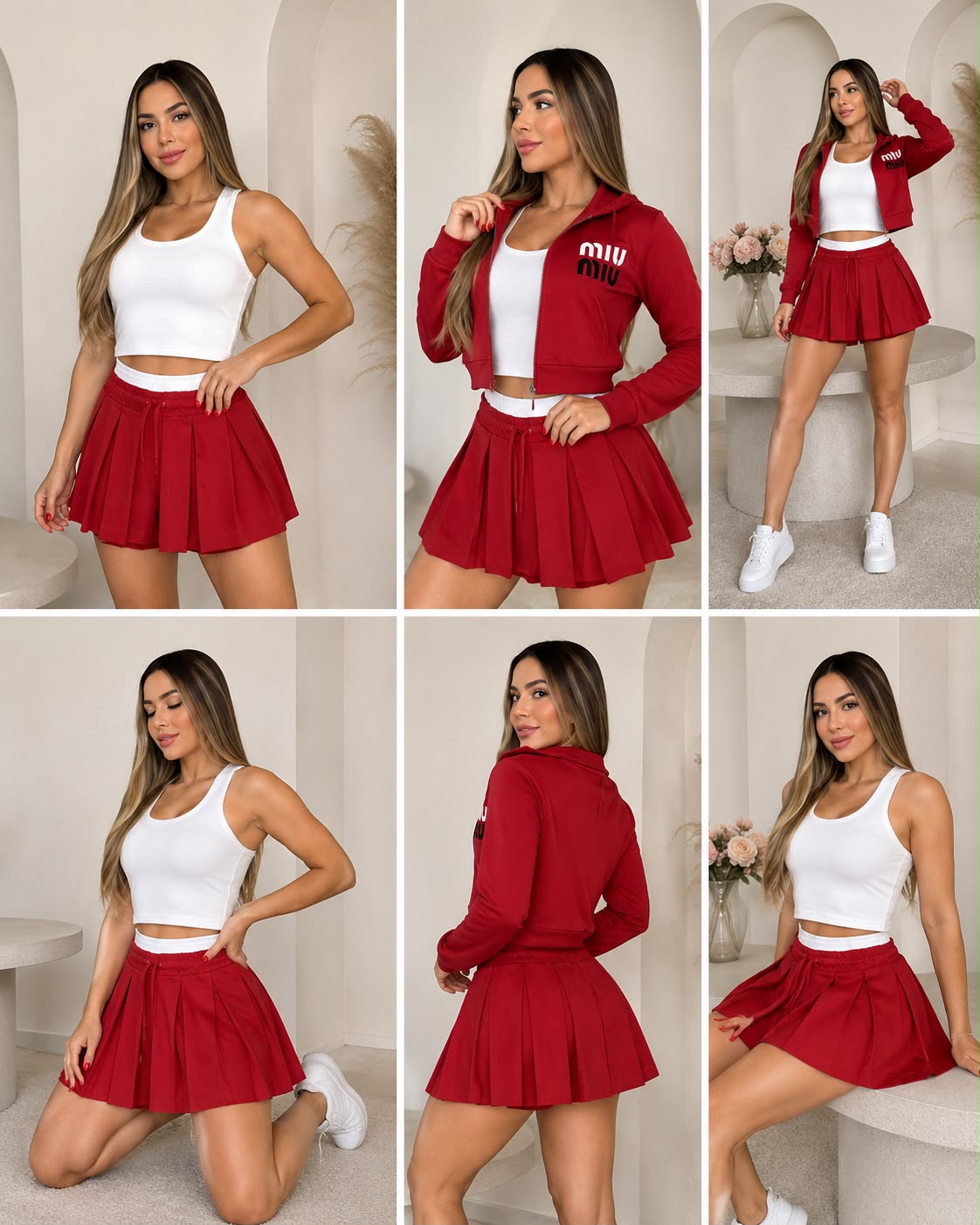 Conjunto 3 Piezas Mujer Falda Plisada Mini + Chaqueta Crop Con Cierre + Top