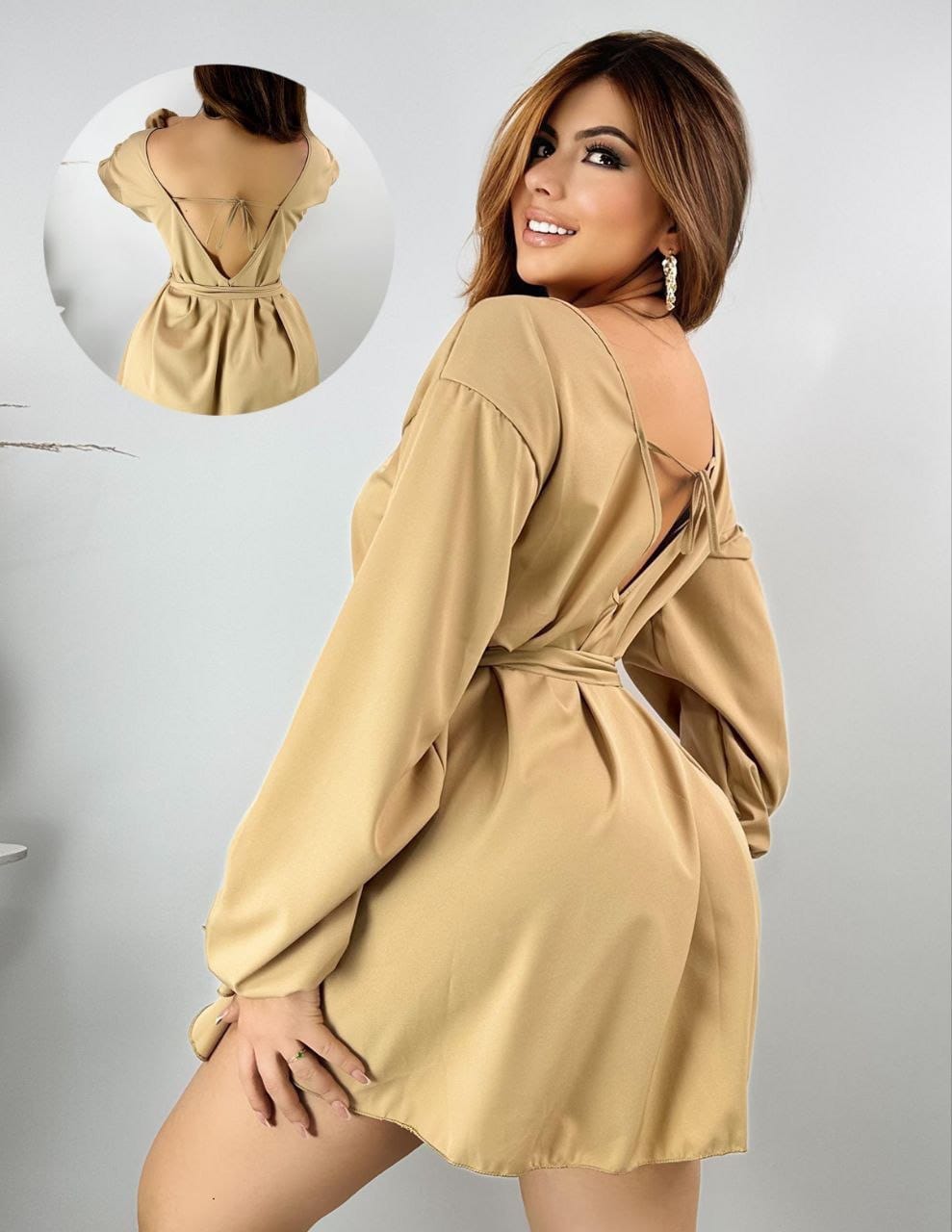 Vestido Corto Manga Larga Con Lazo Cintura Vuelo