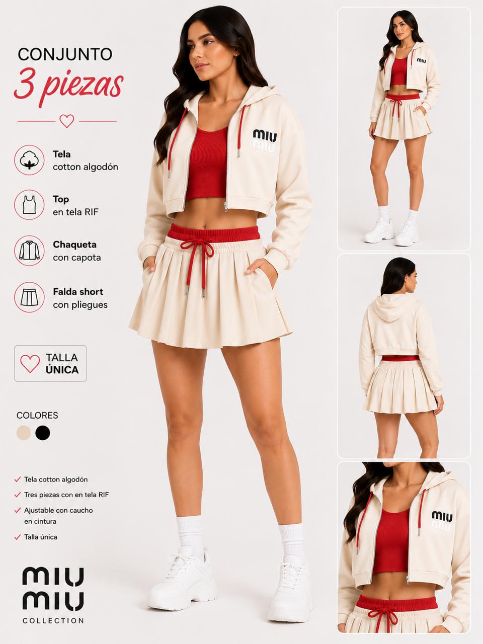 Conjunto 3 Piezas Mujer Falda Plisada Mini + Chaqueta Crop Con Cierre + Top