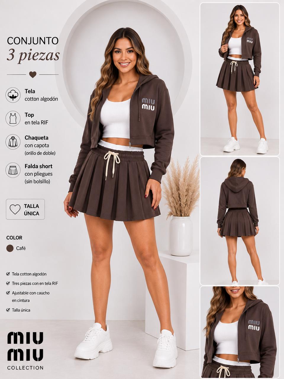 Conjunto 3 Piezas Mujer Falda Plisada Mini + Chaqueta Crop Con Cierre + Top