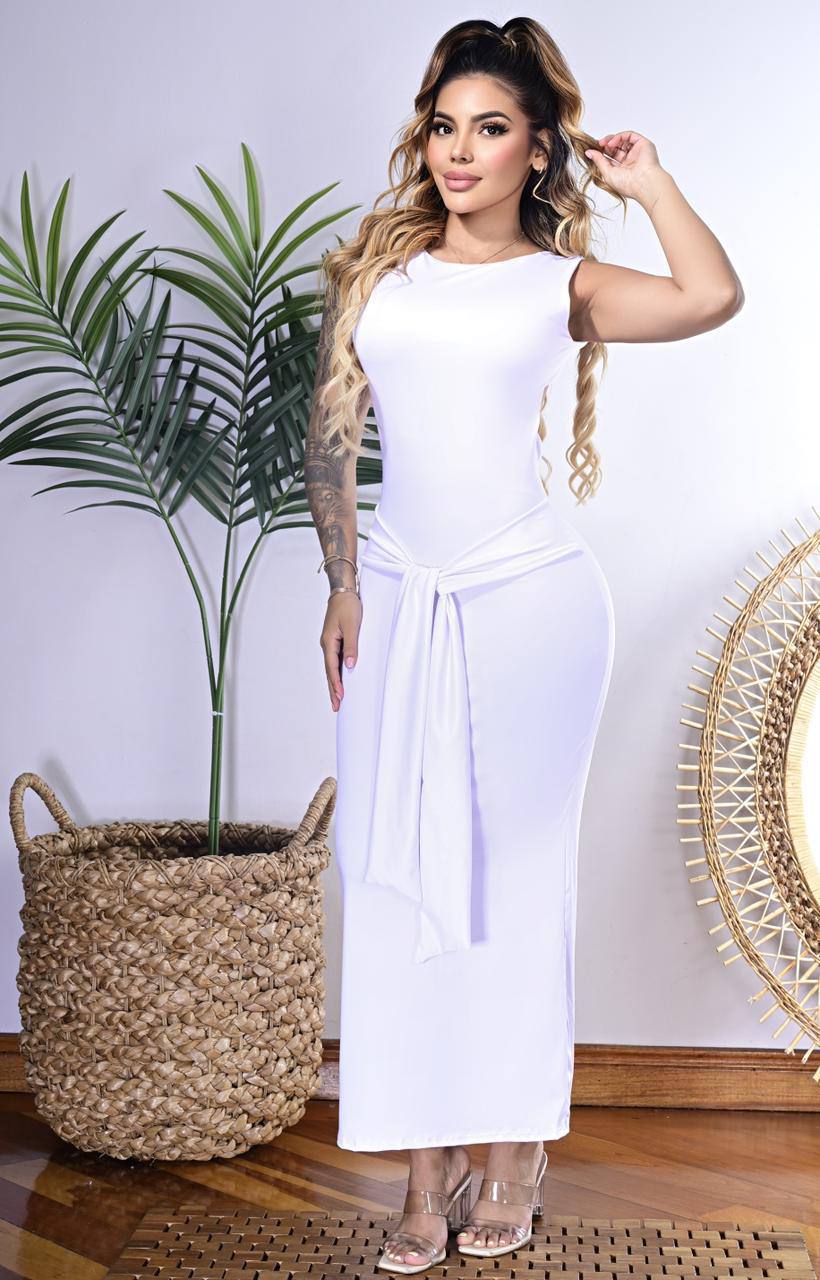 Vestido Largo Sin Mangas Espalda Descubierta Fruncido Con Nudo Lateral