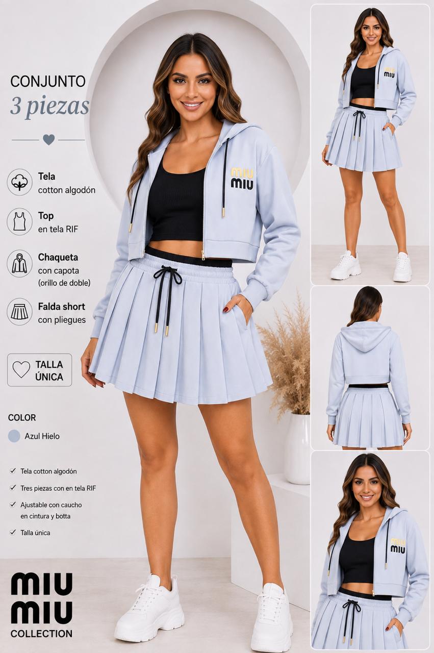 Conjunto 3 Piezas Mujer Falda Plisada Mini + Chaqueta Crop Con Cierre + Top