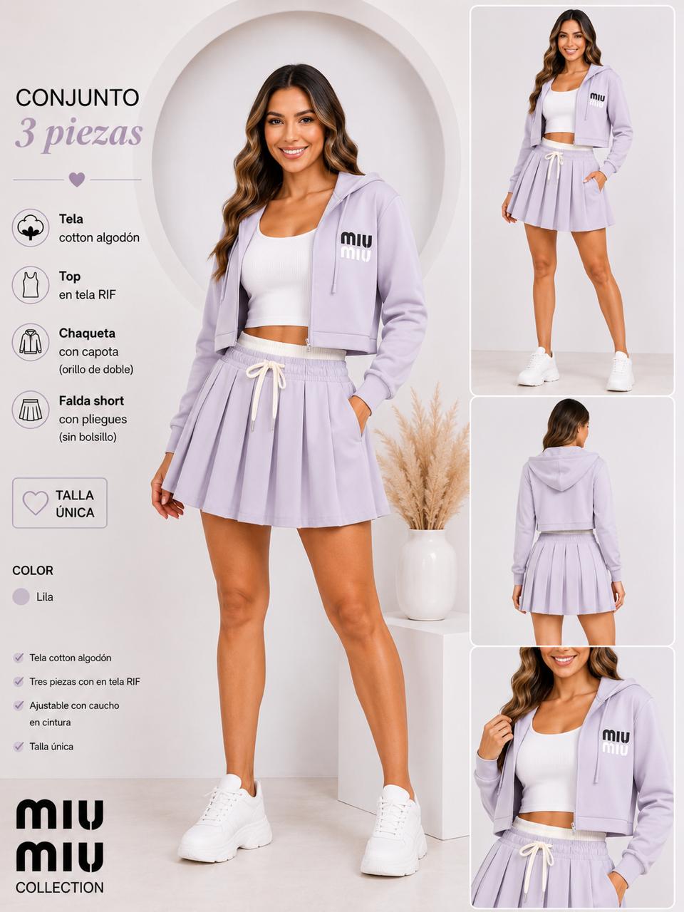 Conjunto 3 Piezas Mujer Falda Plisada Mini + Chaqueta Crop Con Cierre + Top