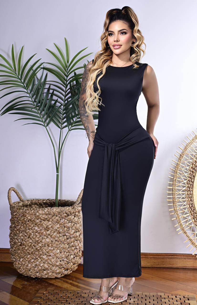 Vestido Largo Sin Mangas Espalda Descubierta Fruncido Con Nudo Lateral