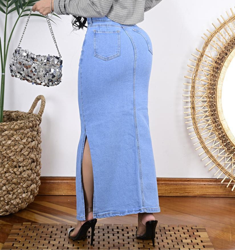 Falda Larga Jean Cintura Alta Doble Abertura Lateral