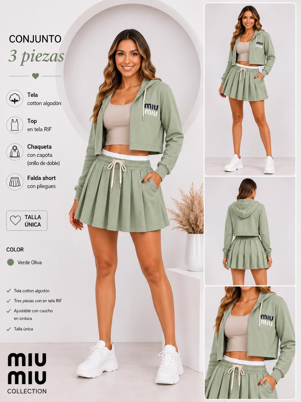 Conjunto 3 Piezas Mujer Falda Plisada Mini + Chaqueta Crop Con Cierre + Top
