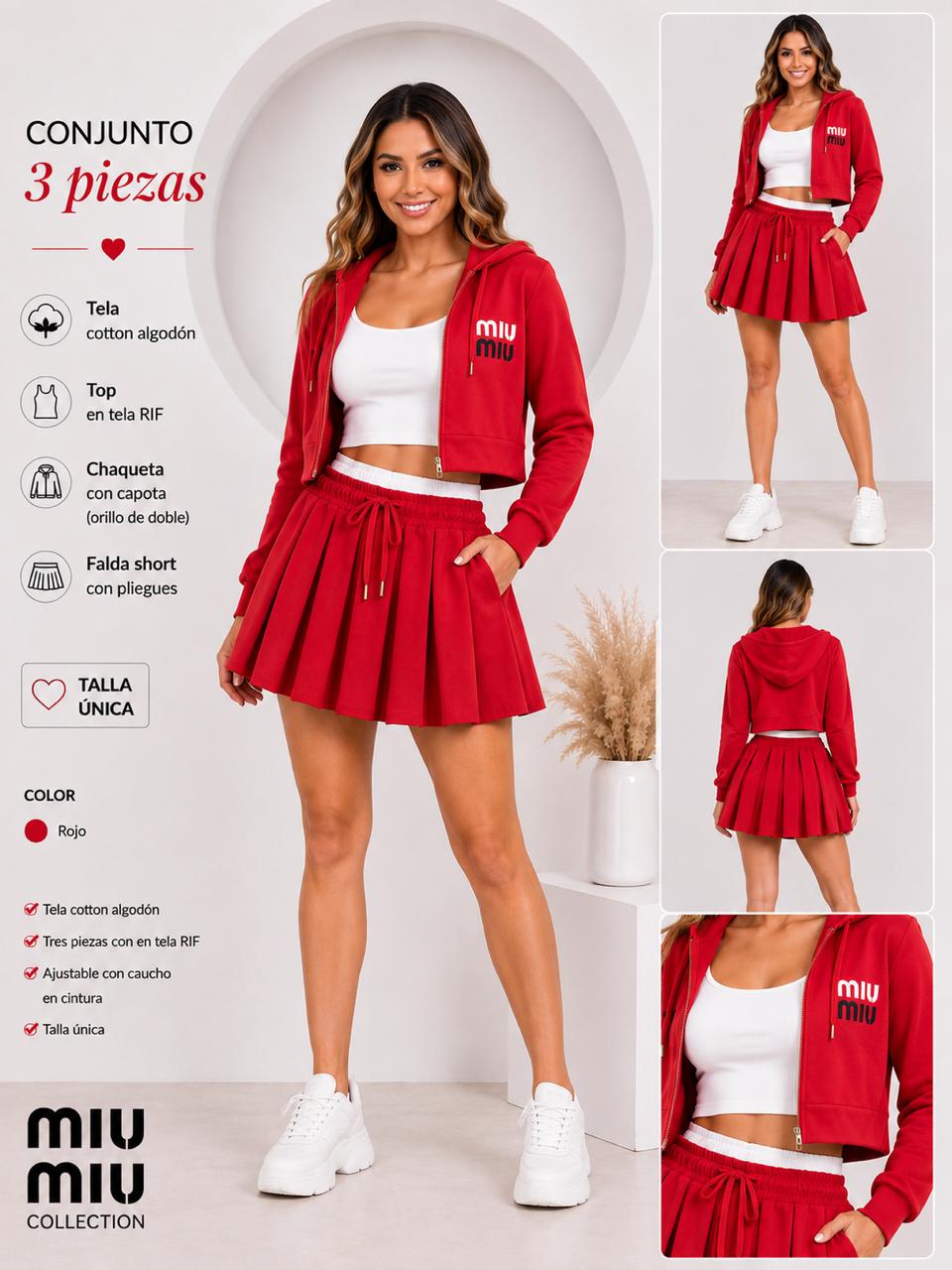 Conjunto 3 Piezas Mujer Falda Plisada Mini + Chaqueta Crop Con Cierre + Top