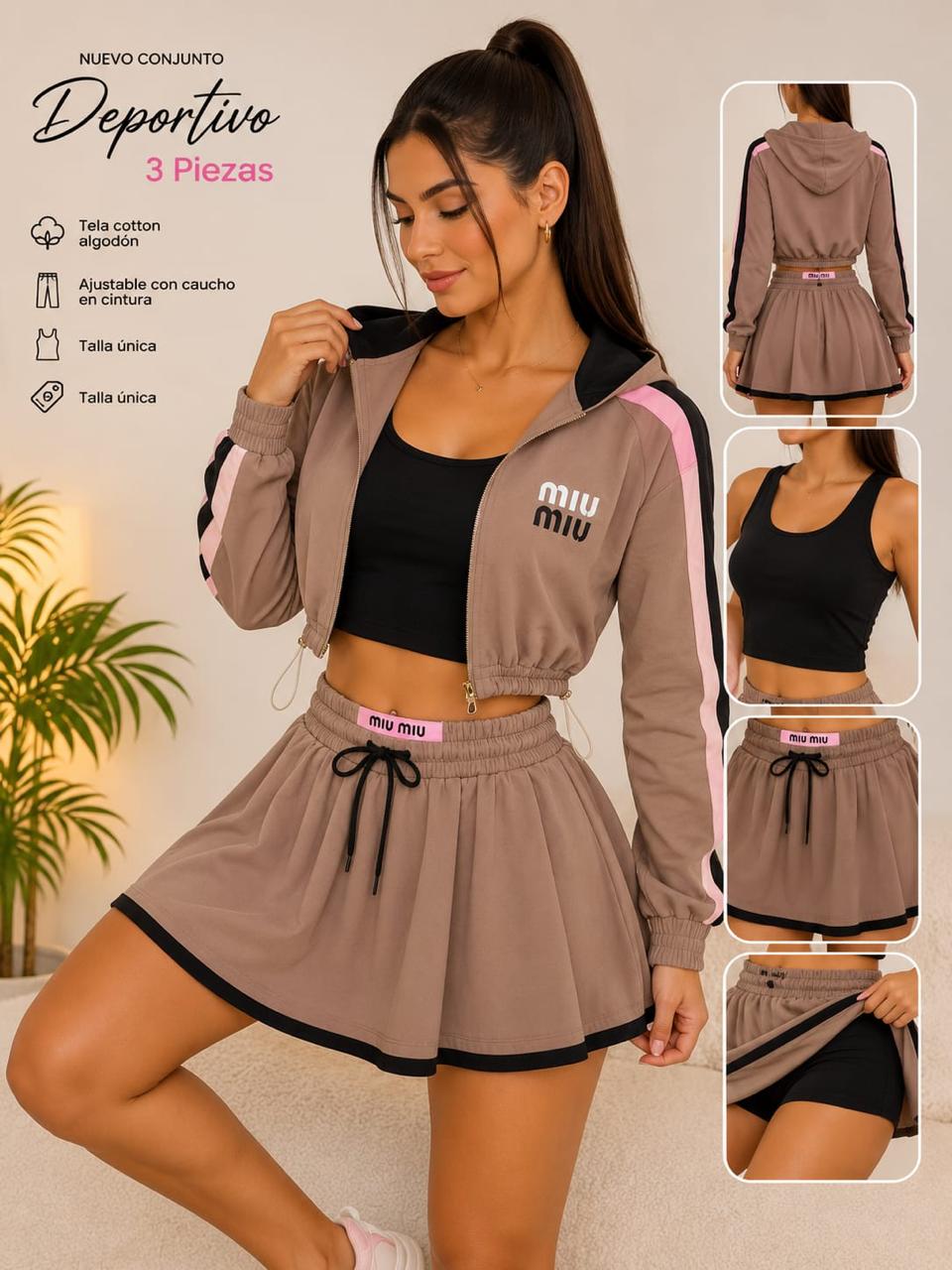 Conjunto 3 Piezas Mujer Falda Plisada Mini + Chaqueta Crop Con Cierre + Top