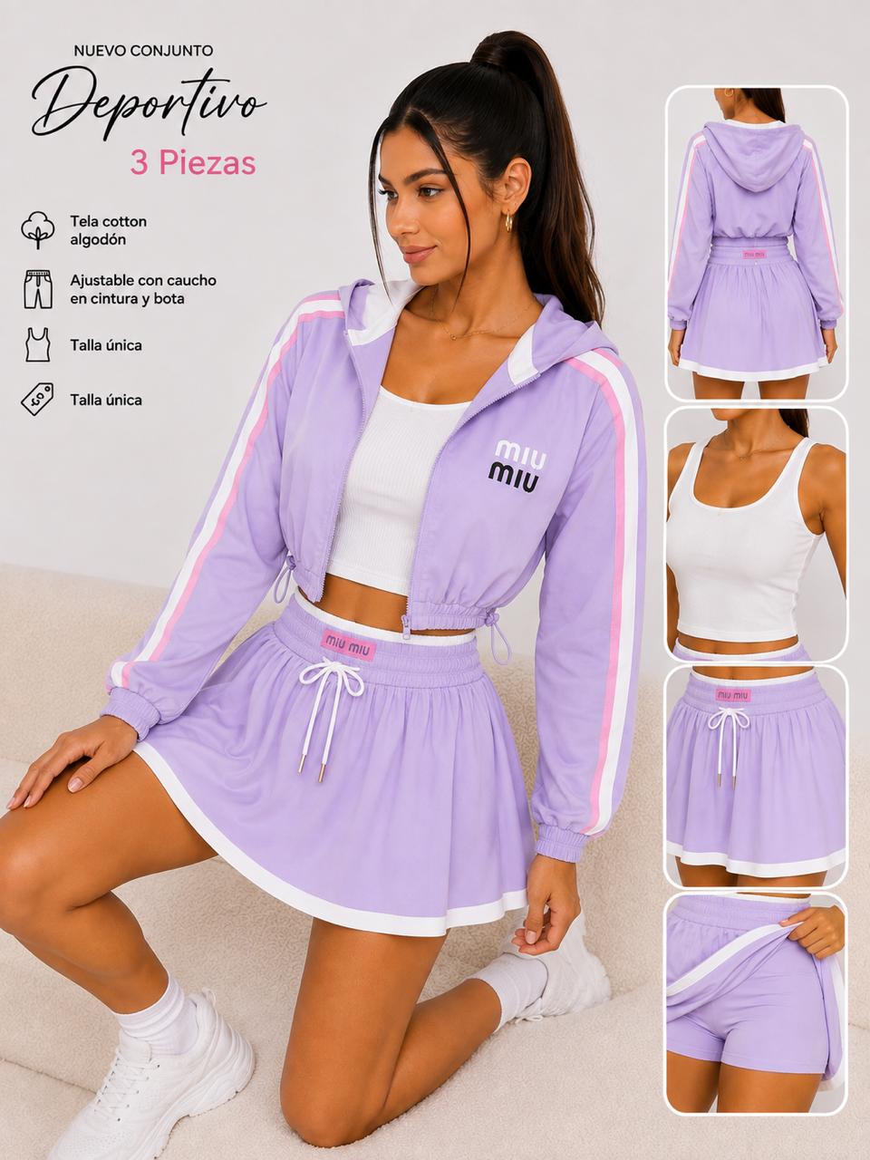 Conjunto 3 Piezas Mujer Falda Plisada Mini + Chaqueta Crop Con Cierre + Top